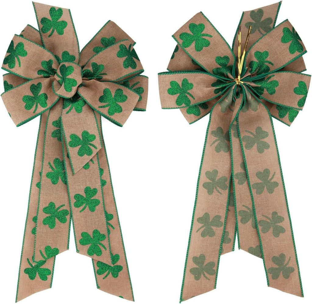 Meseey St. Patrick's Day Wreath Bow - 24 x 10 Inch Green Clover Burlap Shamrock for Door Decor | Irish Party Decor
