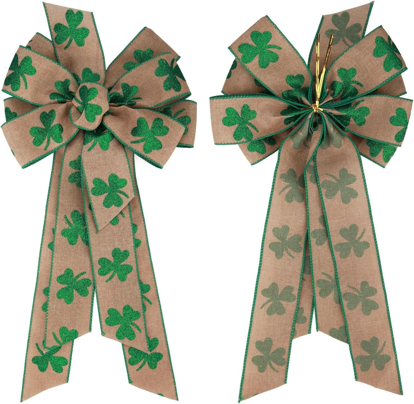 Meseey St. Patrick's Day Wreath Bow - 24 x 10 Inch Green Clover Burlap Shamrock for Door Decor | Irish Party Decor