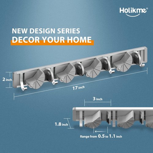 Holikme Wall Mount Mop Broom Holder - Metal Kitchen & Garden Tool Organizer | 4 Positions, Silver