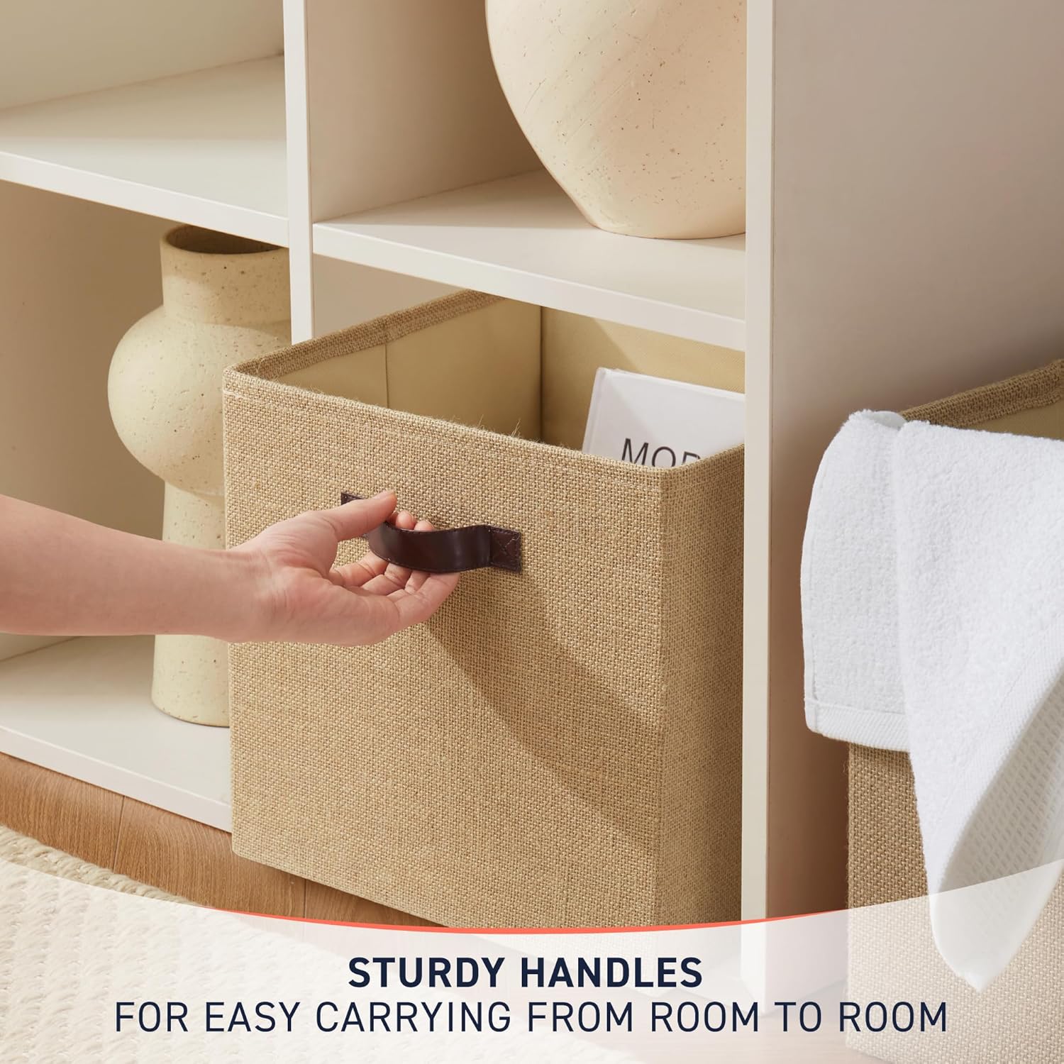 Ornavo Home Storage Cube Bins - 10.5 x 10.5 Jute Baskets, 6 Pack, Foldable with Leather Handles