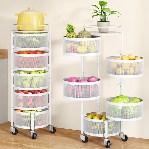SAYZH Fruit Vegetable Basket for Kitchen, Rotating Storage Rack, 5 Tier Rolling Cart with top lid, Large Metal Wire Wheels (White)