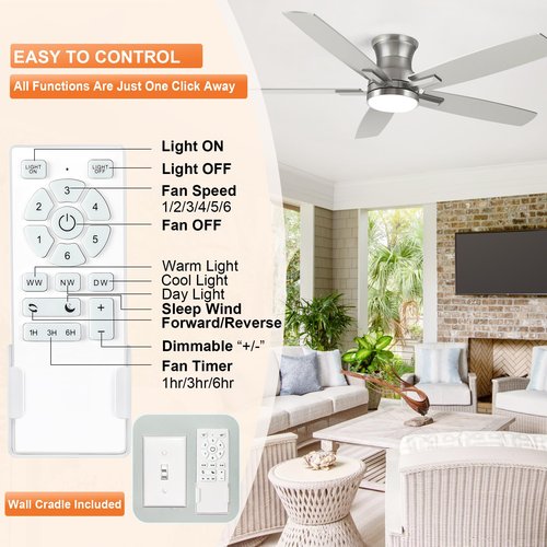 52 Inch Flush Mount Brushed Nickel Ceiling Fan with Light and Remote Control.Noiseless,Dimmable,3CCT,6 Speeds Reversible, Low Profile DC Ceiling Fans for Indoor or Covered Outdoor Use,ETL Listed