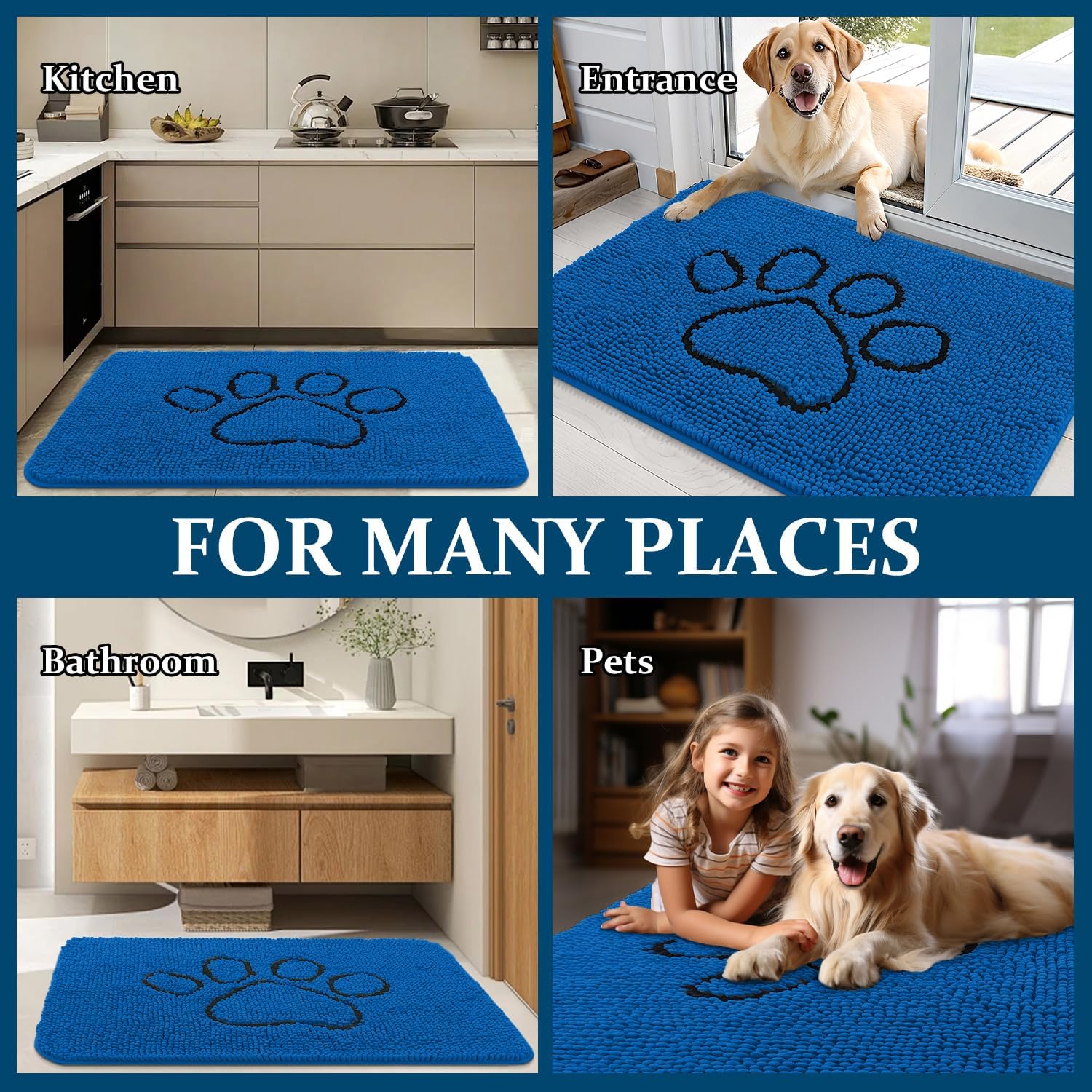 OLANLY Dog Door Mat - Absorbent Muddy Paws Doormat | Non-Slip Chenille, 30x20, Deep Navy Blue
