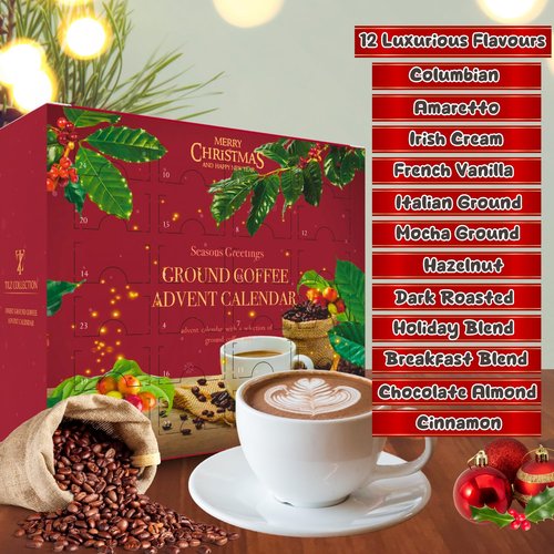 24 Days Advent Calendar - Flavored Ground Coffee Gift Set for Men & Women | French Vanilla, Hazelnut, Irish, Italian & Cinnamon