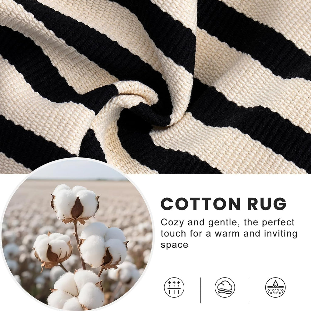 OLANLY Striped Rug - Washable Beige and Black Cotton Doormat | 2'4" x 3'7" for Indoor/Outdoor Use