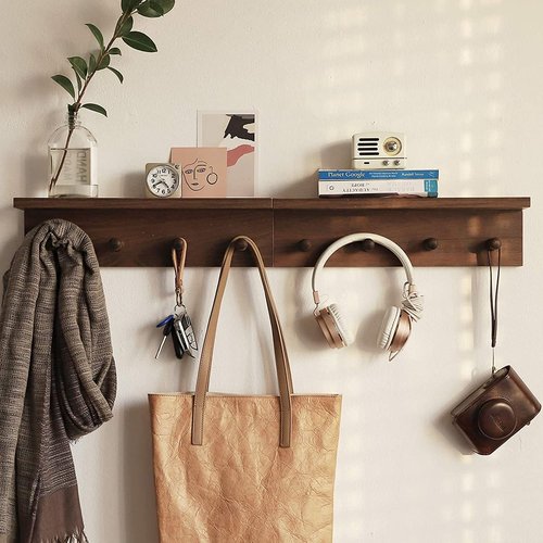 XAOMLP Entrance Coat Rack ，Coat Hooks, Wall-Mounted Wooden Hook Rack, Wall-Mounted Shelves are Very Suitable (Walnut Color Finish—A-2)