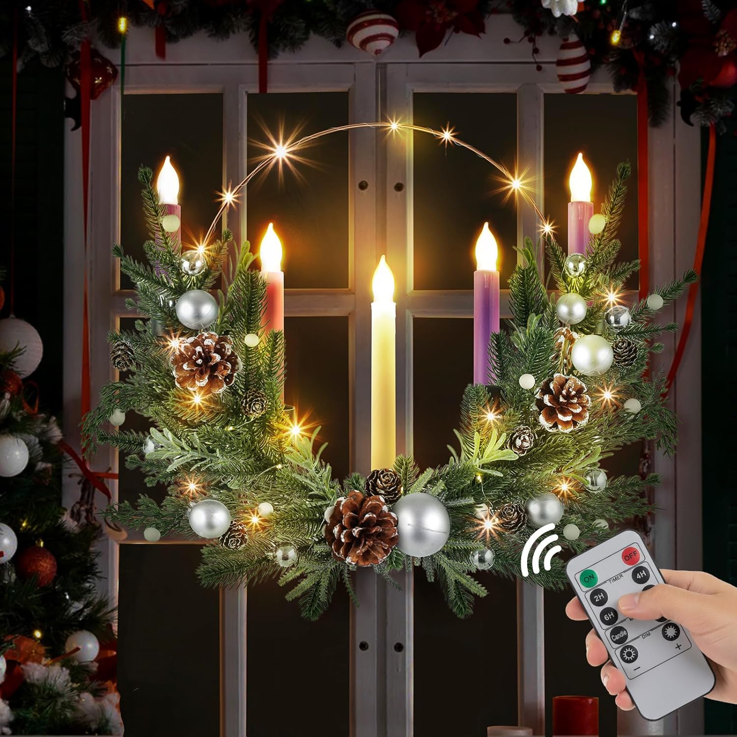 Suncalla Advent Wreath Set - 5 Flameless Candles with Timer Remote & LED String Lights | 20-Inch Pine Cone Decor