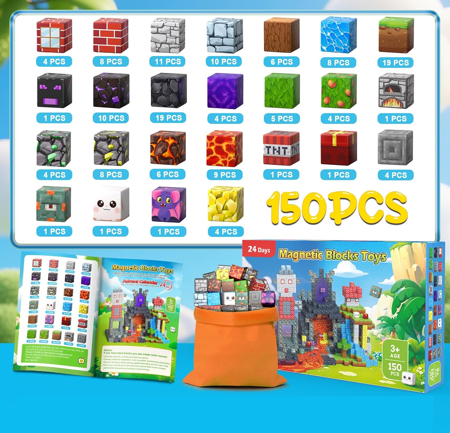 Magnetic Blocks by Skiennix - 150PCS Stacking Building Tiles for STEM Play | Perfect Birthday Gift for Ages 3-12