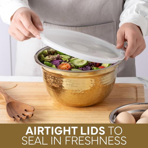 COOK WITH COLOR 18-Piece Mixing Bowls Set - Handcrafted Stainless Steel with Airtight Lids | Gold Hammered Finish