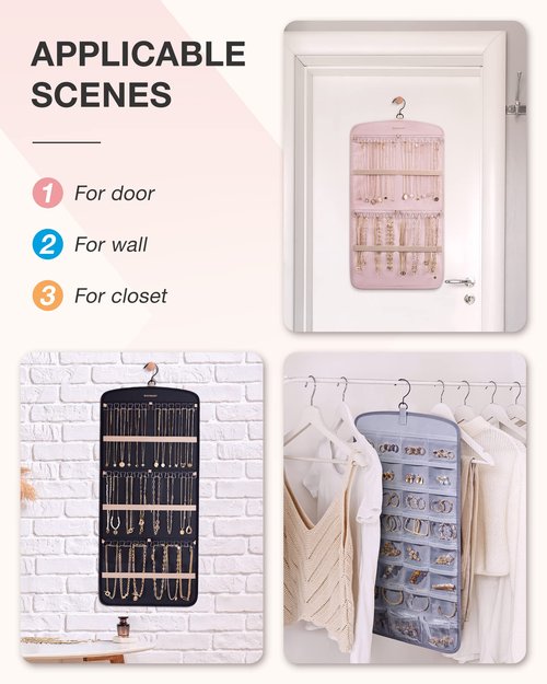 BAGSMART Hanging Jewelry Organizer, Necklace Holder Anti-tangle Earrings Rings Hanger with 20 Jewelry Bags Travel Storage Roll with Pockets Hang on Closet, Wall, Door,1 Piece, Large, Black