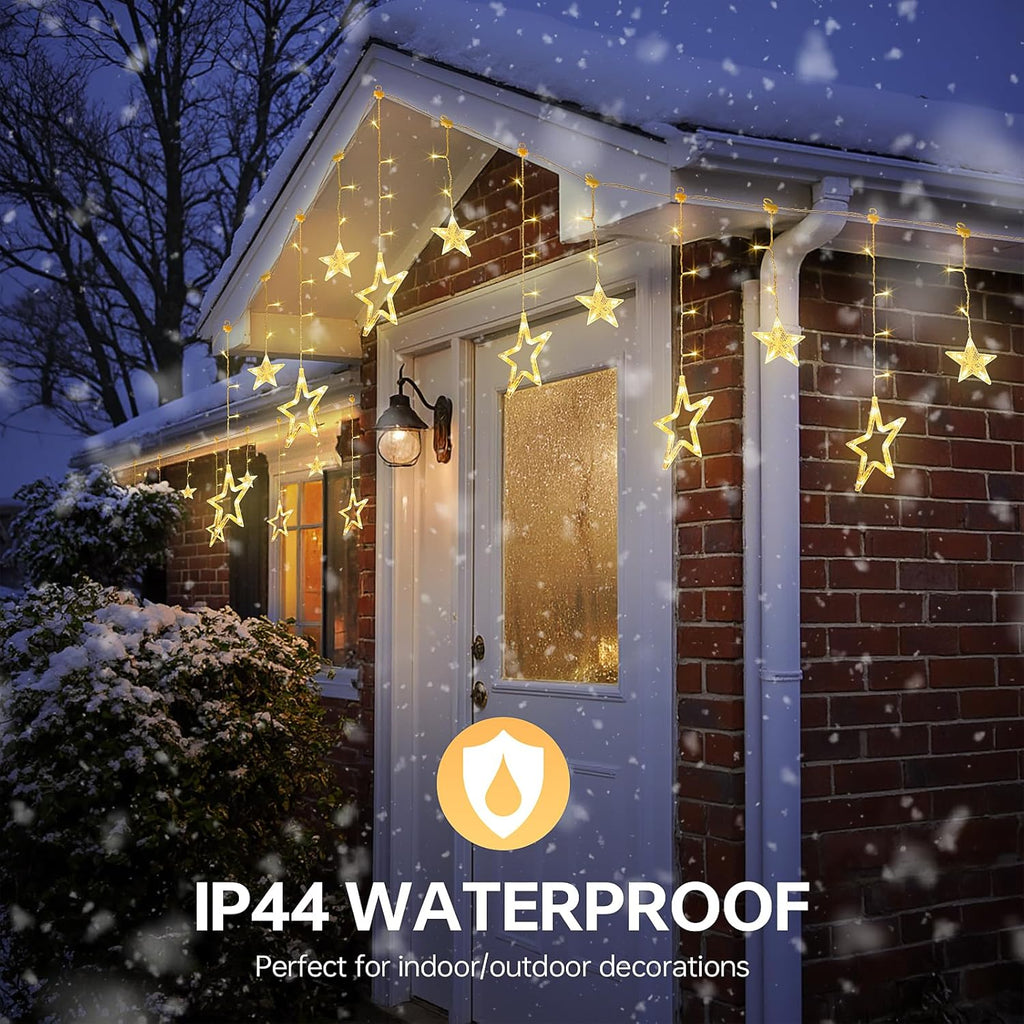 Skiennix 126L Warm White Star Icicle Lights - 8.2FT Clear Curtain Fairy String with Timer & 8 Modes | Waterproof for Christmas & Events