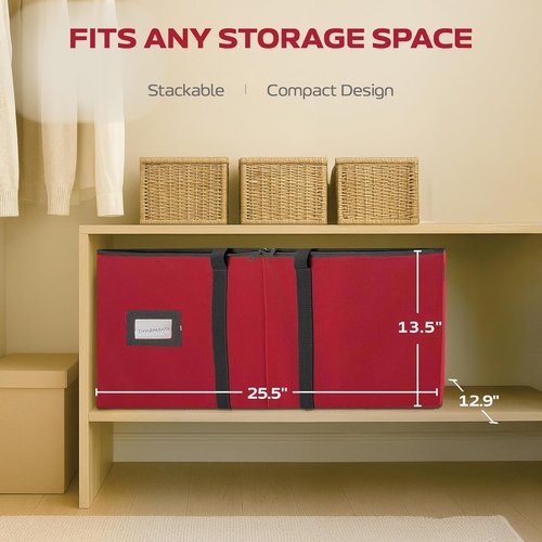Christmas Ornament Storage Box - Large 128 Capacity with Adjustable Dividers & Dual Zipper | Stackable Red Fabric Organizer