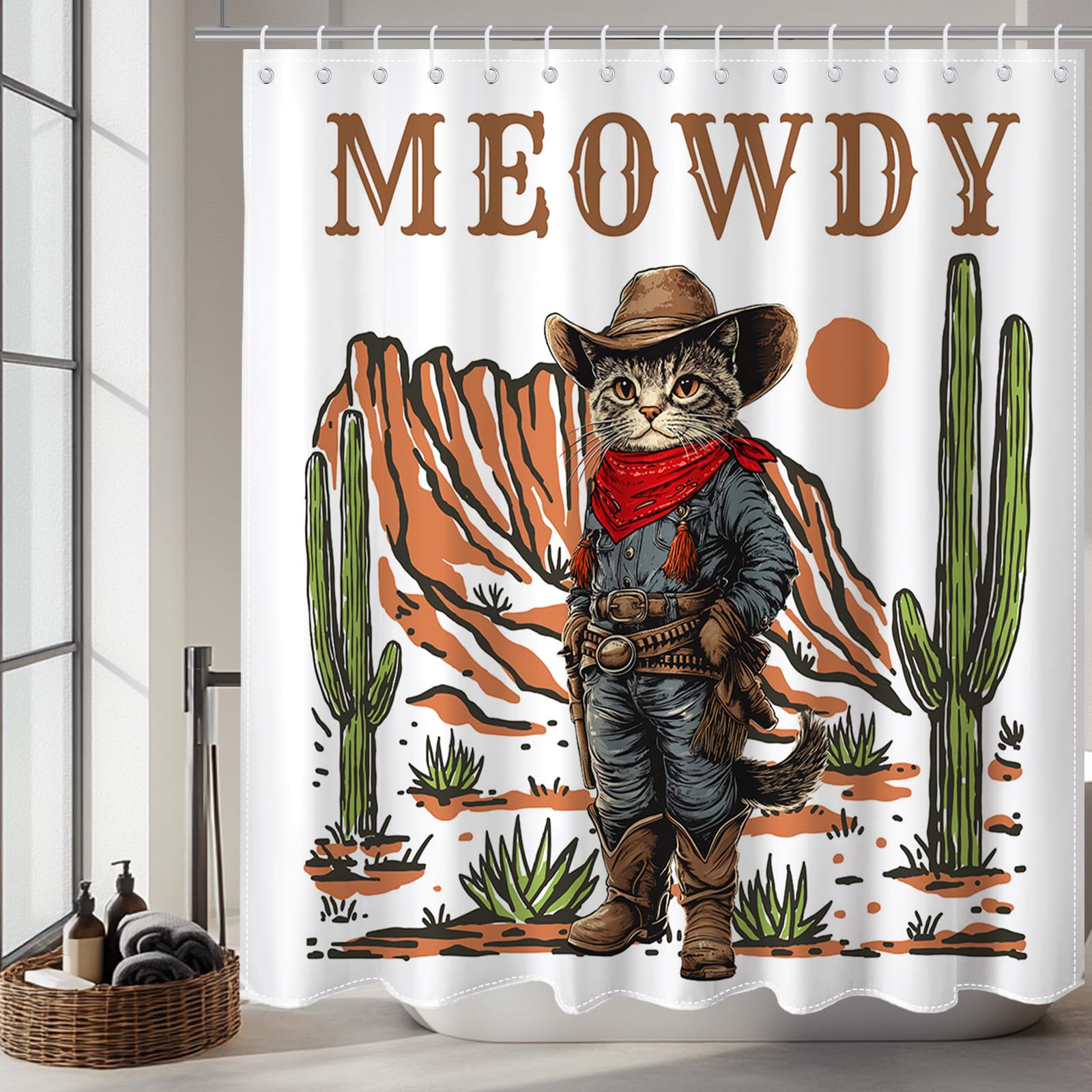 Mocsicka Funny Cowboy Cat Shower Curtain Vintage Fun Western Shower Curtain for Bathroom Waterproof Fabric Bath Curtain for Funny Bathroom Deocr 72 X 72 Inch