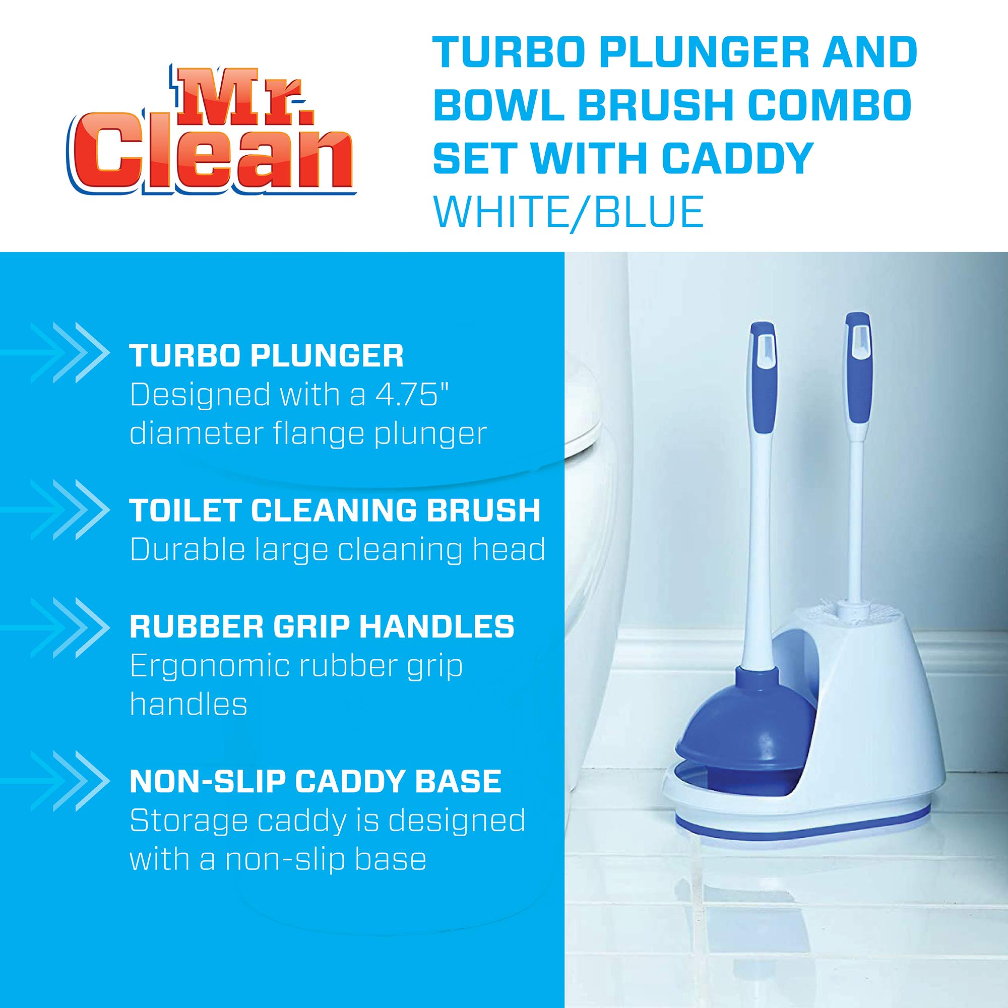 Mr. Clean Toilet Plunger and Bowl Brush Combo with Caddy, 3-Piece Heavy-Duty Plunger, Toilet Brush, and Caddy Set, White/Blue