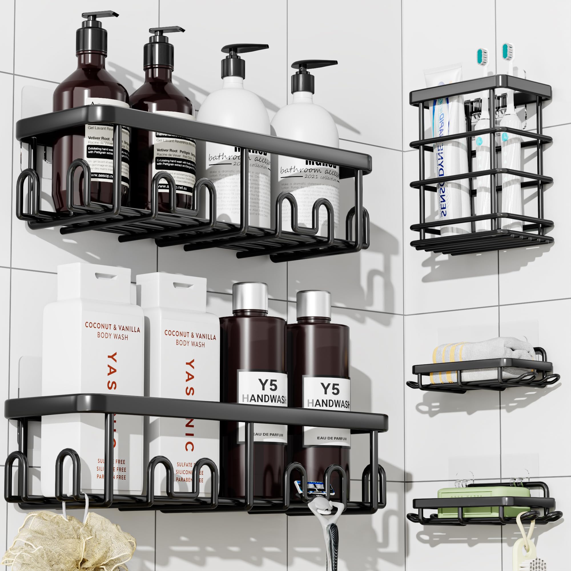 YASONIC Adhesive Shower Caddy, 5 Pack Black Shower Shelves for Inside Shower, Rustproof Shower Organizer with Soap and Toothbrush Holder, No Drilling Shower Storage for Bathroom/Kitchen