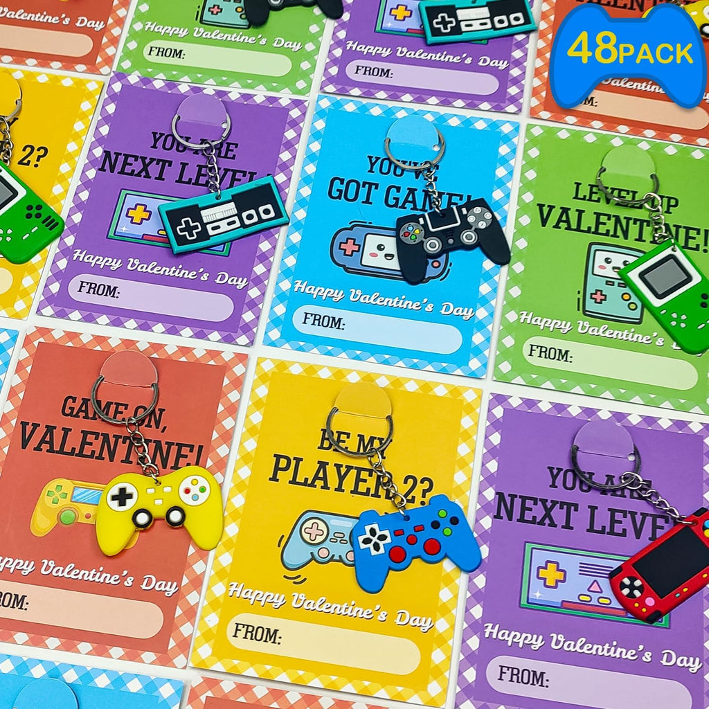 Skiennix Bulk Valentine's Day Cards - 48 Pack Video Game Keychains | Classroom Exchange Gifts for Kids