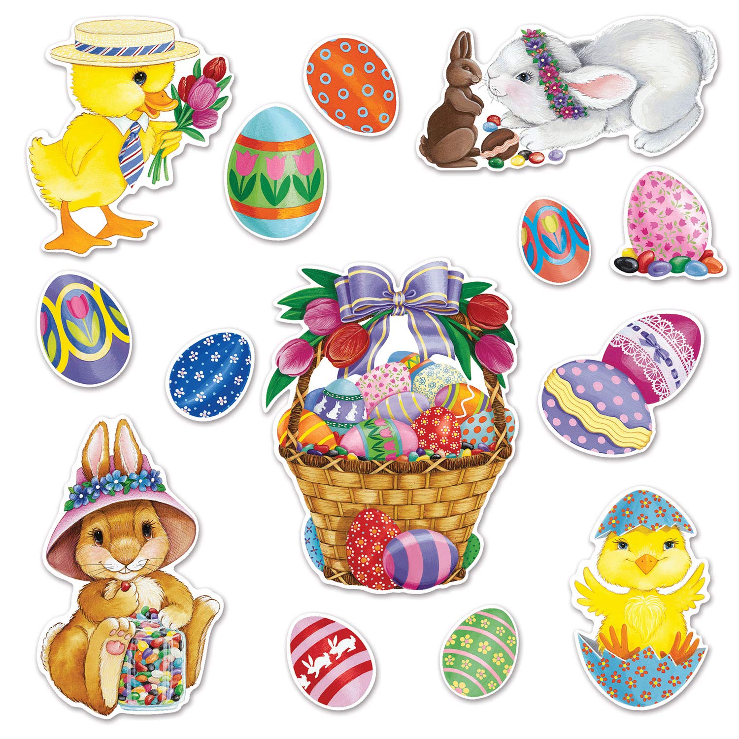 Beistle Easter Basket & Friends Cutouts, 28 Pieces, 4”-15.25” – Assorted Bunny & Spring Decorations