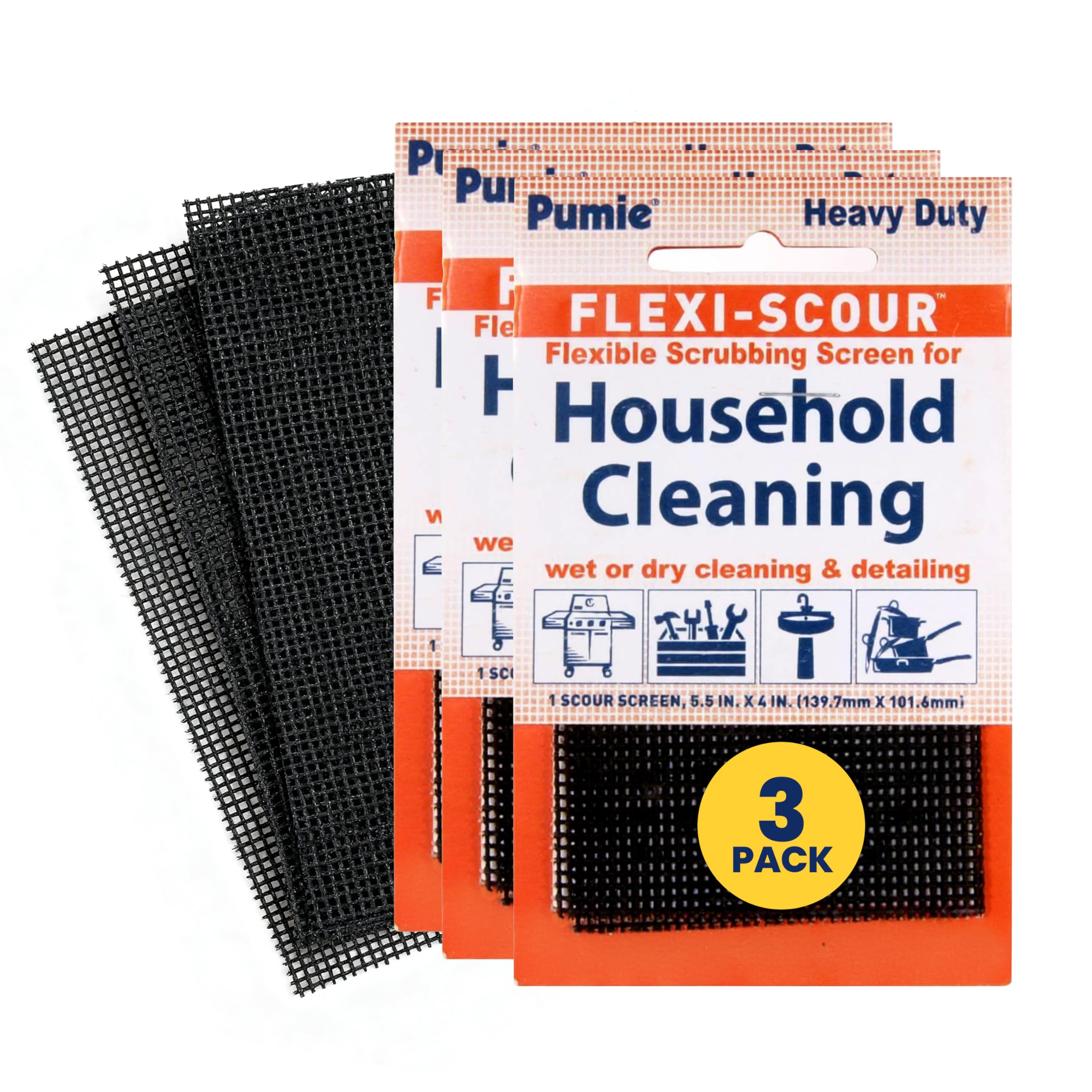 PUMIE Flexi-Scour (3 Pack) - Flexible Scrubbing Screen - Heavy Duty Scouring Pad - Abrasive Grit Cleaning Screen for Toilet Bowls, Grills, Removes Carbon, Rust, Scale, Grime - 5.5x4 in, Flex-3 C