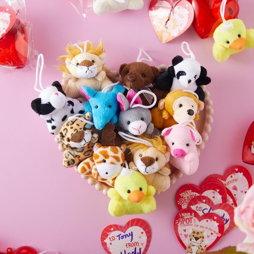 JOYIN 28 Pack Valentines Day Gifts for Kids Prefilled Hearts with Plush Toy Keychain and Valentines Day Cards for Kids Classroom Exchange, Party Favors, Gift Exchange, Game Prizes