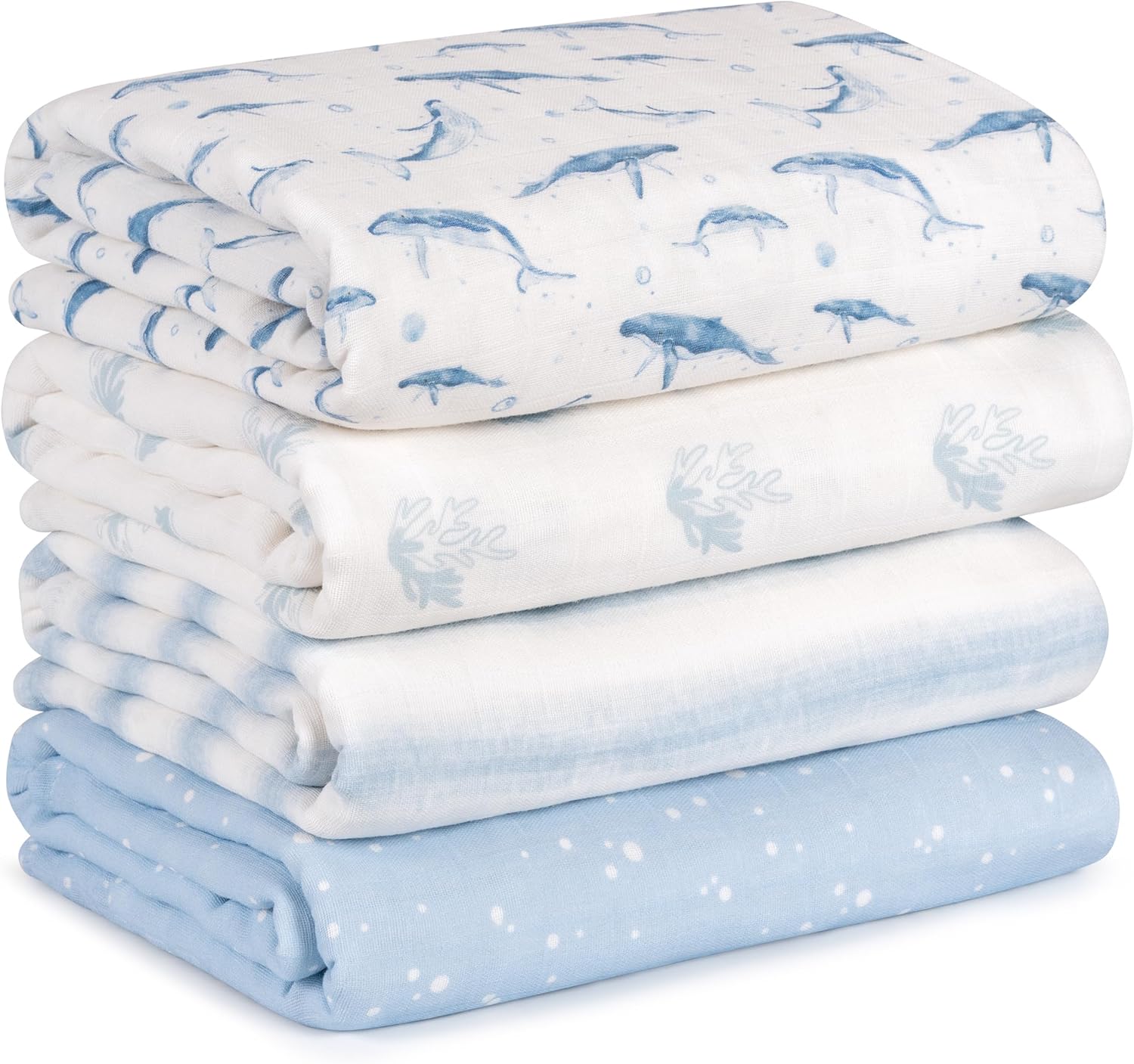 Skiennix Muslin Swaddle Blankets - 4 Pack Cotton Baby Blankets for Newborns | Large 31.5 x 43.3" Soft & Breathable Blue Whale Design