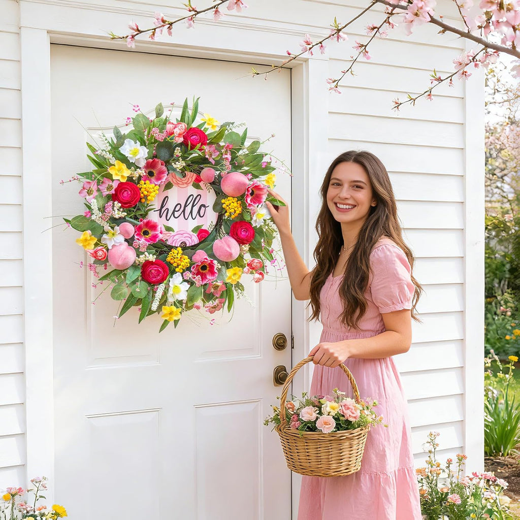 Spring Wreaths - 24 Inch Artificial Summer Wreath with Pink Roses & Hello Sign | Indoor & Outdoor Farmhouse Decor