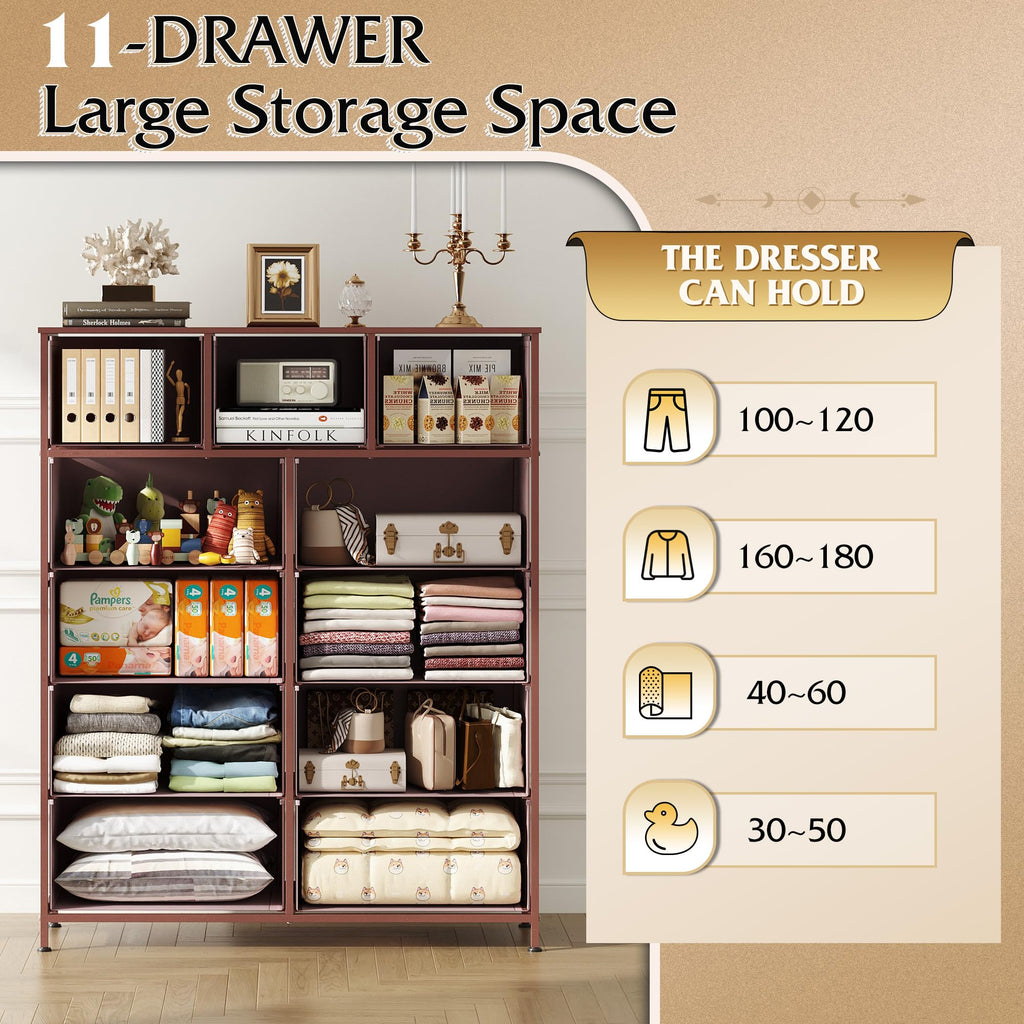 WLIVE Tall Dresser for Bedroom, Fabric Dresser Storage Tower, Chest of Drawers Organizer Unit with 11 Drawers, Storage Cabinet, Hallway, Closets, Steel Frame, Wood Top, Pink