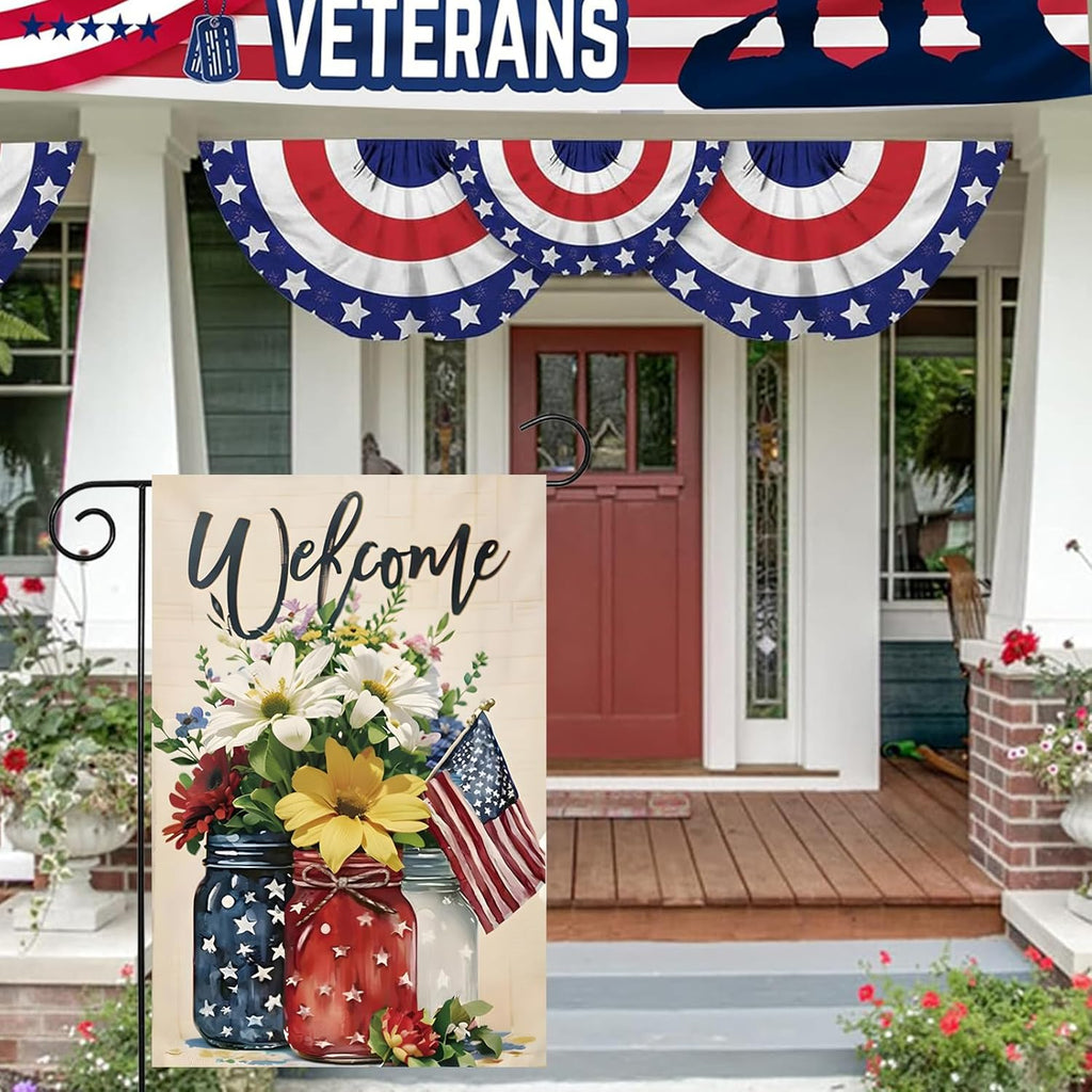 Patriotic 4th of July Mason Jar Flowers Garden Flag - Double-Sided Burlap 12x18 for Summer Celebrations