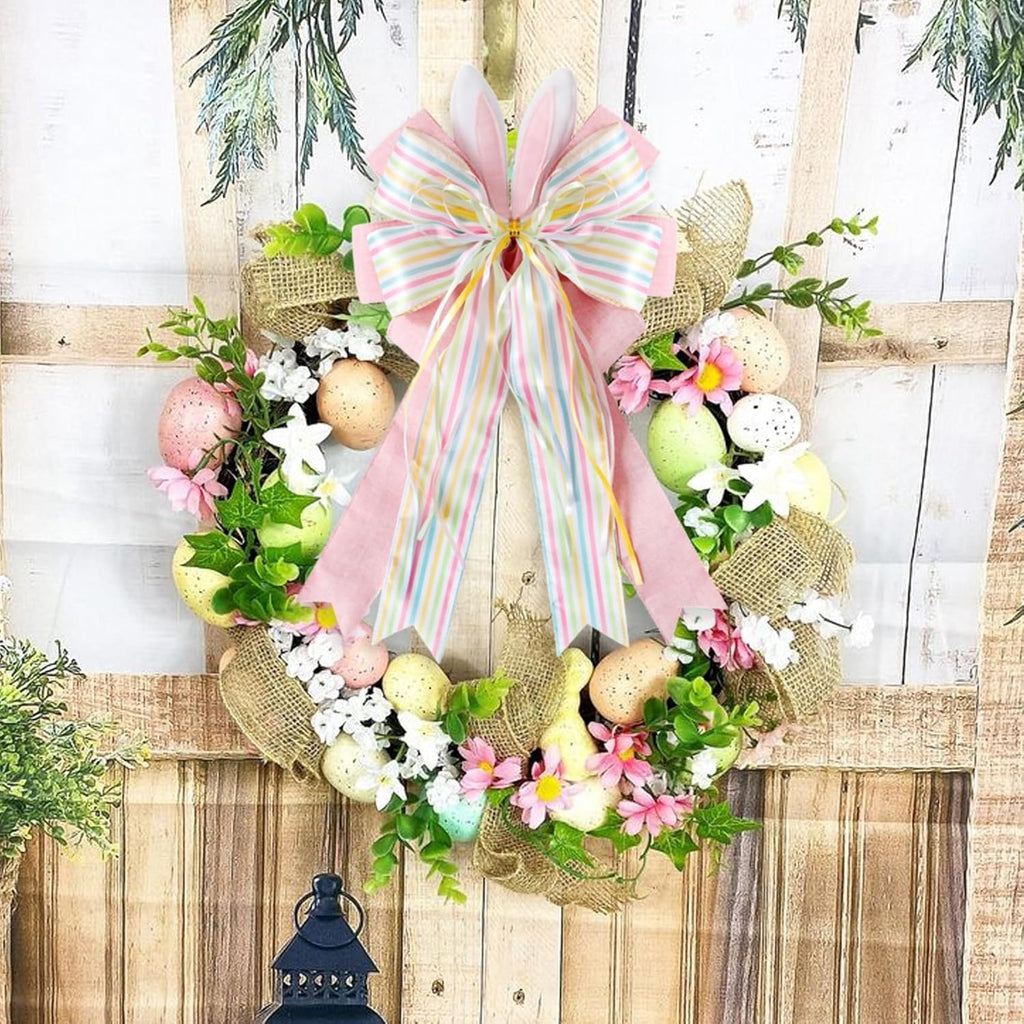 Regine Switzerland Easter Wreath Bow - Burlap Wired Ribbon with Bunny Eggs | 11x20 Inch Door Ornament