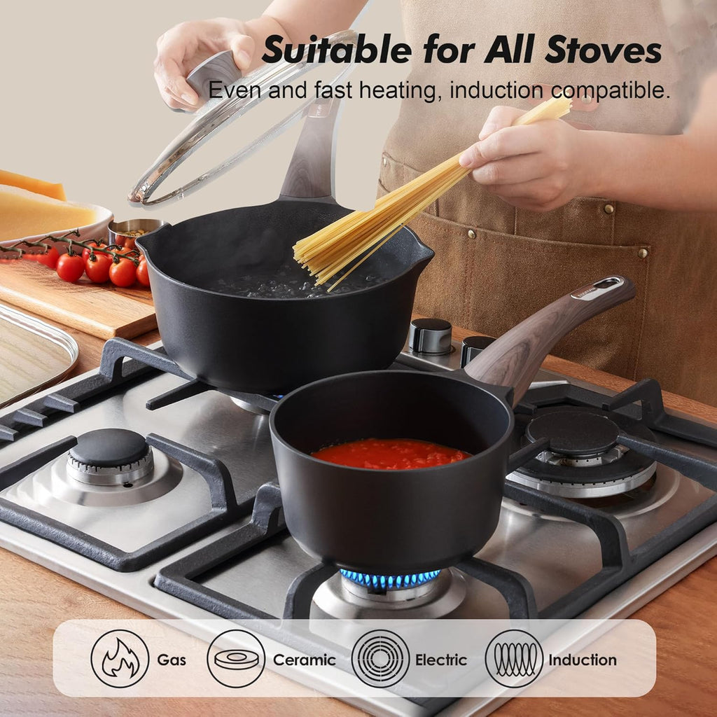 SENSARTE Nonstick Saucepan Set - 2.0 & 3.0 Quart Cooking Pots with Lid & Pour Spout | PFOA Free, Easy to Clean