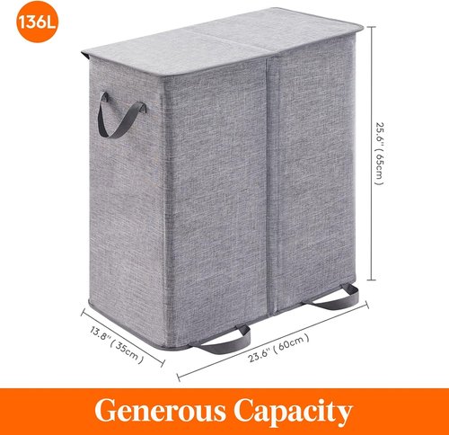 Lifewit Double Laundry Hamper - Large 136L Collapsible Basket with Lid & Removable Bags | Gray