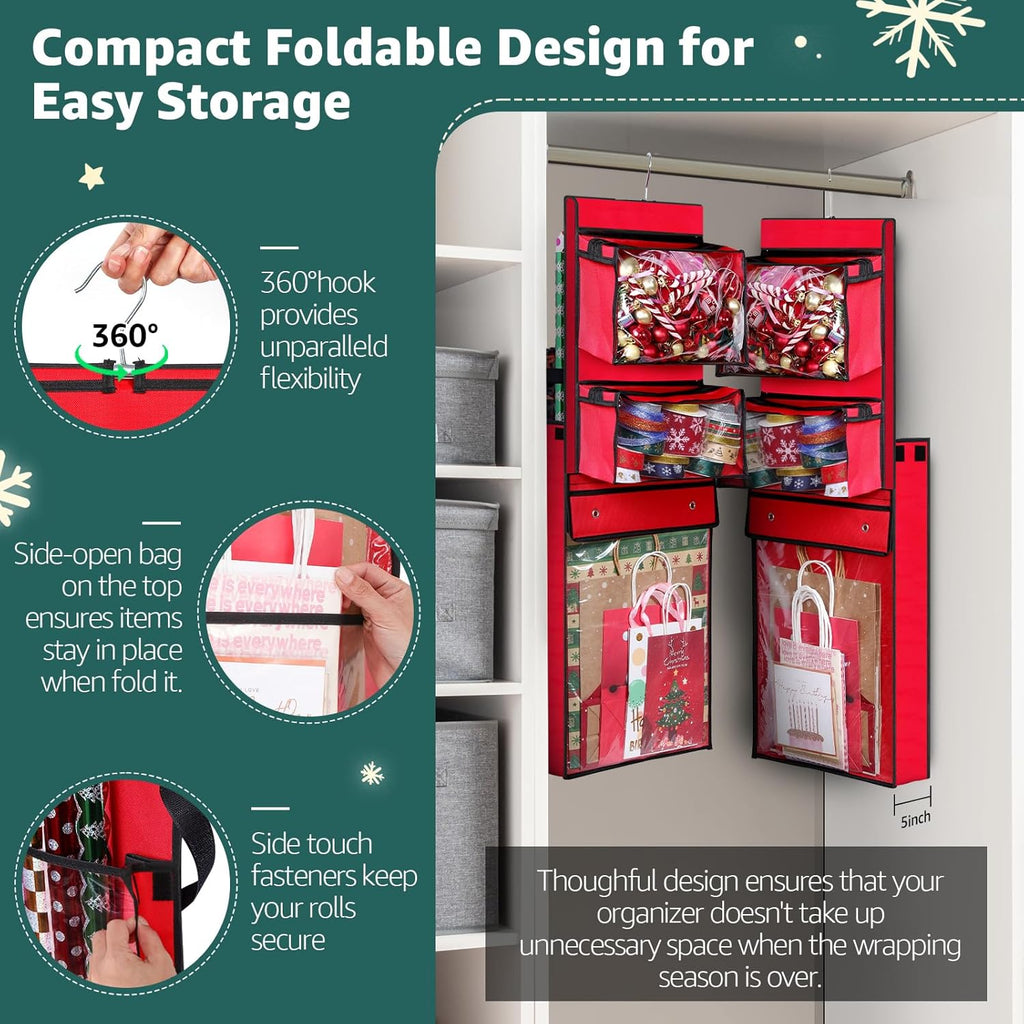 Woodoulogy Hanging Gift Wrapping Paper Storage - 40x17 Black Organizer & 63x13 Red Over-Door Bag