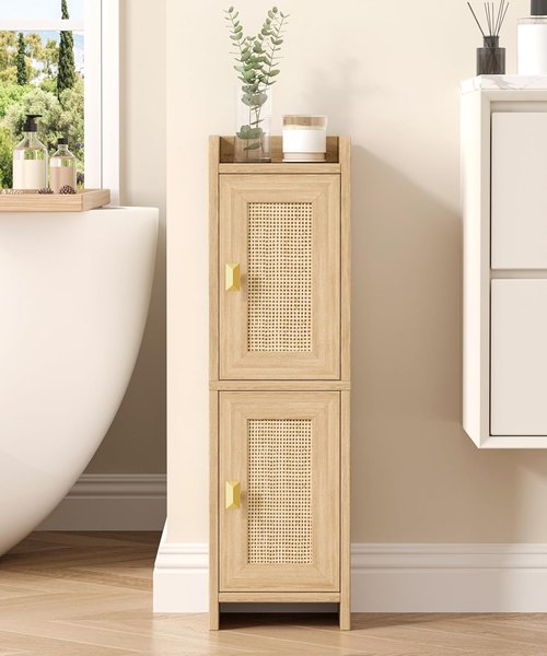 Akxomel Rattan Small Bathroom Cabinet - 2 Doors, Narrow Storage Solution for Small Spaces | Natural Oak Finish, 7.9''D x 7.9''W