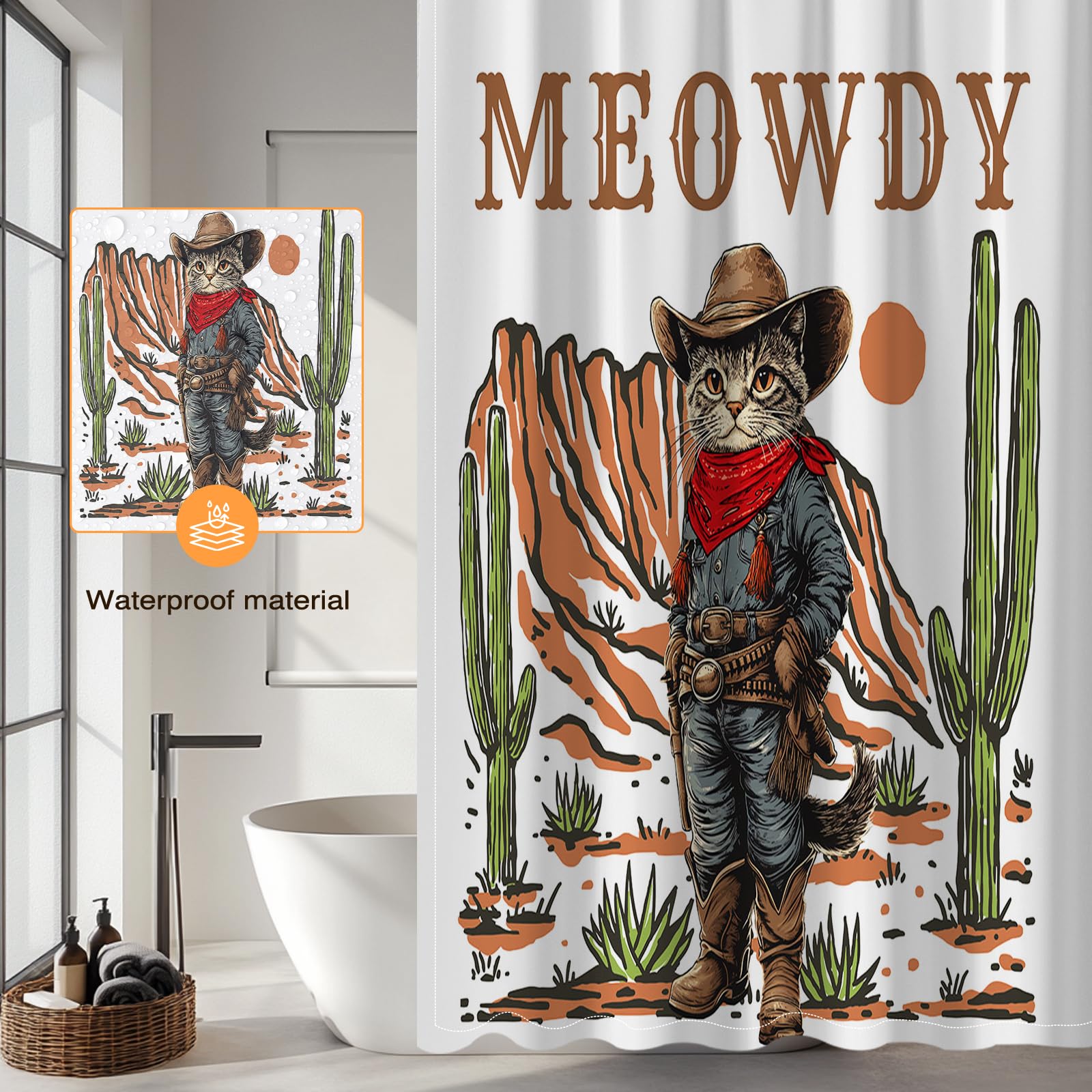 Mocsicka Funny Cowboy Cat Shower Curtain Vintage Fun Western Shower Curtain for Bathroom Waterproof Fabric Bath Curtain for Funny Bathroom Deocr 72 X 72 Inch