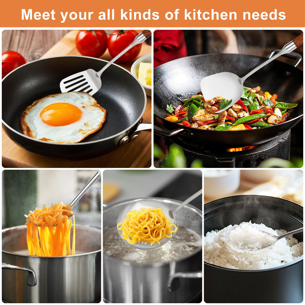 304 Stainless Steel Cooking Utensils Set with Wood Handle,10 Piece Metal Kitchen Utensils Dishwasher Safe Heat Resistant Serving Utensil Wok Tools (13-14in)