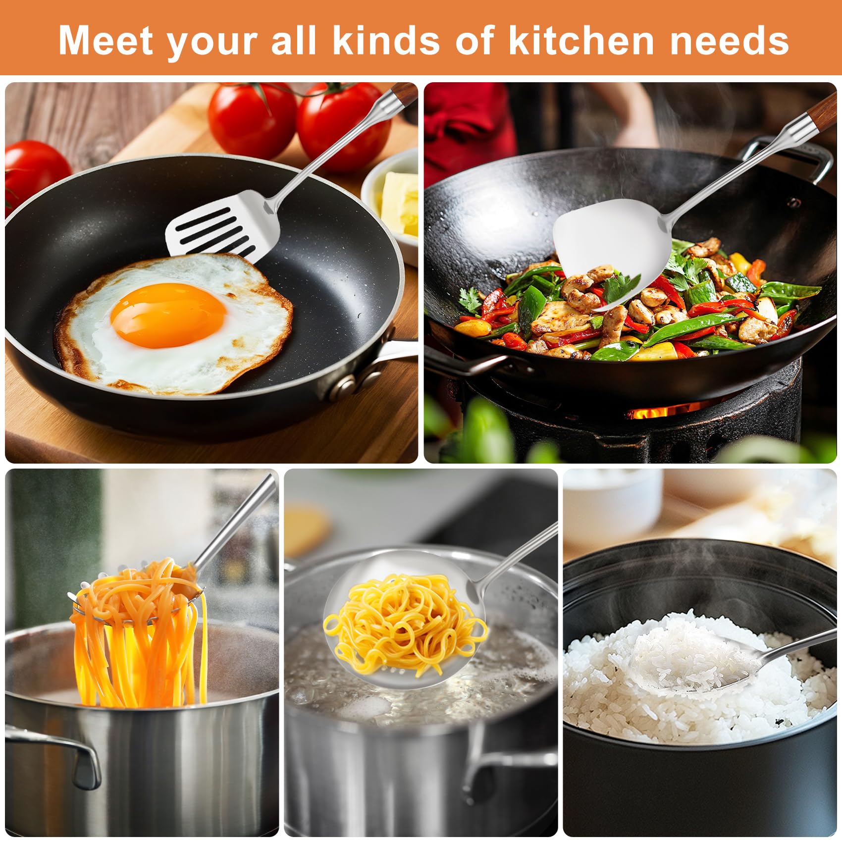 304 Stainless Steel Cooking Utensils Set with Wood Handle,10 Piece Metal Kitchen Utensils Dishwasher Safe Heat Resistant Serving Utensil Wok Tools (13-14in)