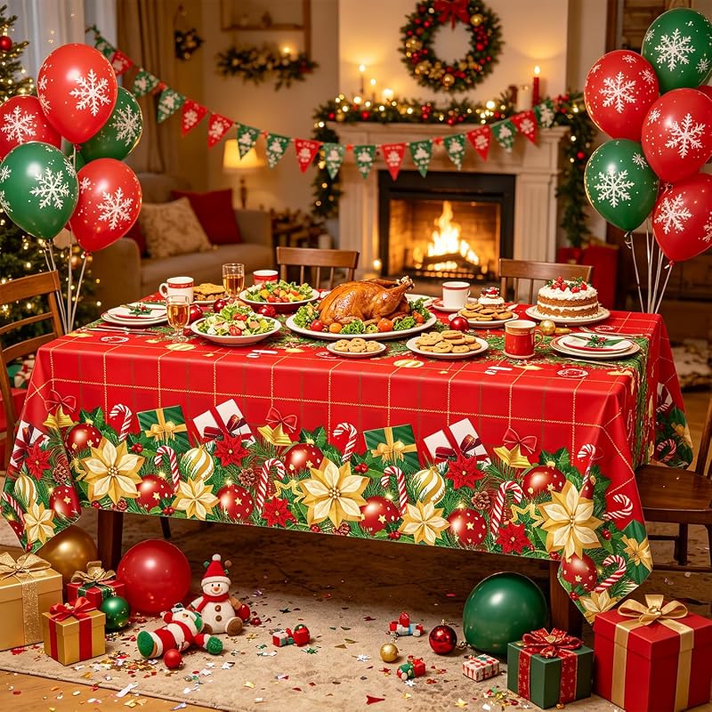 4 Pcs Christmas Poinsettia Plaid Tablecloth 51 x 86 inches - Red Holiday Plastic Table Cover (Variation of THIS listing: 1)