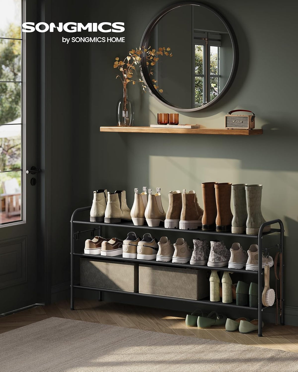SONGMICS Shoe Rack - 3-Tier Fabric Organizer with 4 Hooks | Holds 18 Pairs, Height-Adjustable, Ink Black