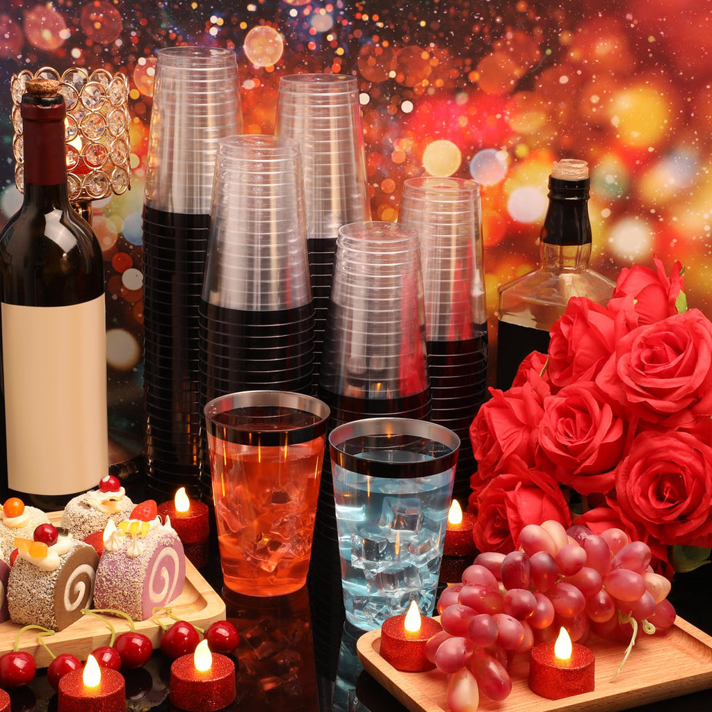 Norme 50 Pcs 14 oz Rimmed Plastic Cups Disposable Clear Cups with Rim Fancy Holiday Drinking Holder 2026 Graduation Party Favor Container Wine Glasses Tumblers for Wedding Valentine's Day(Black)