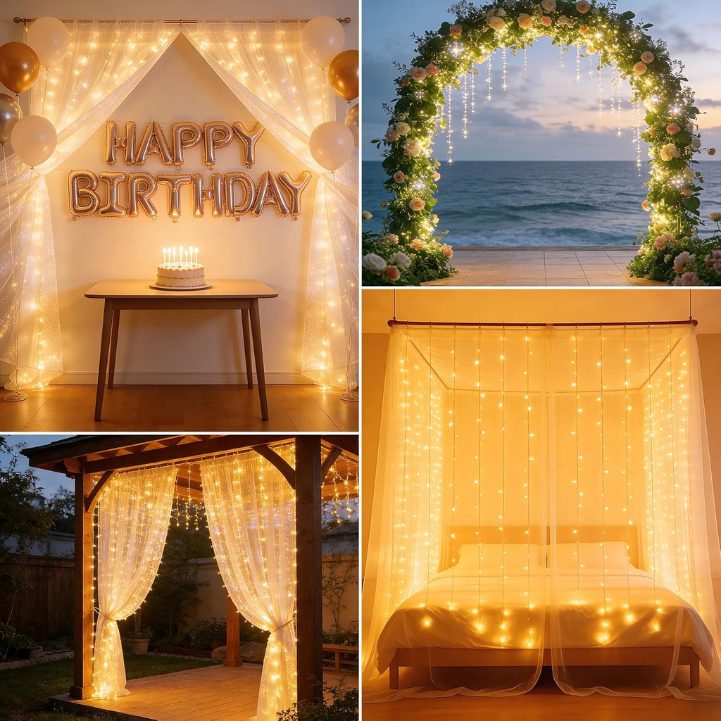 Skiennix 300LED Fairy Curtain Lights - Dimmable Twinkle Lights with Remote & Timer | 9.8ft x 9.8ft, Warm White