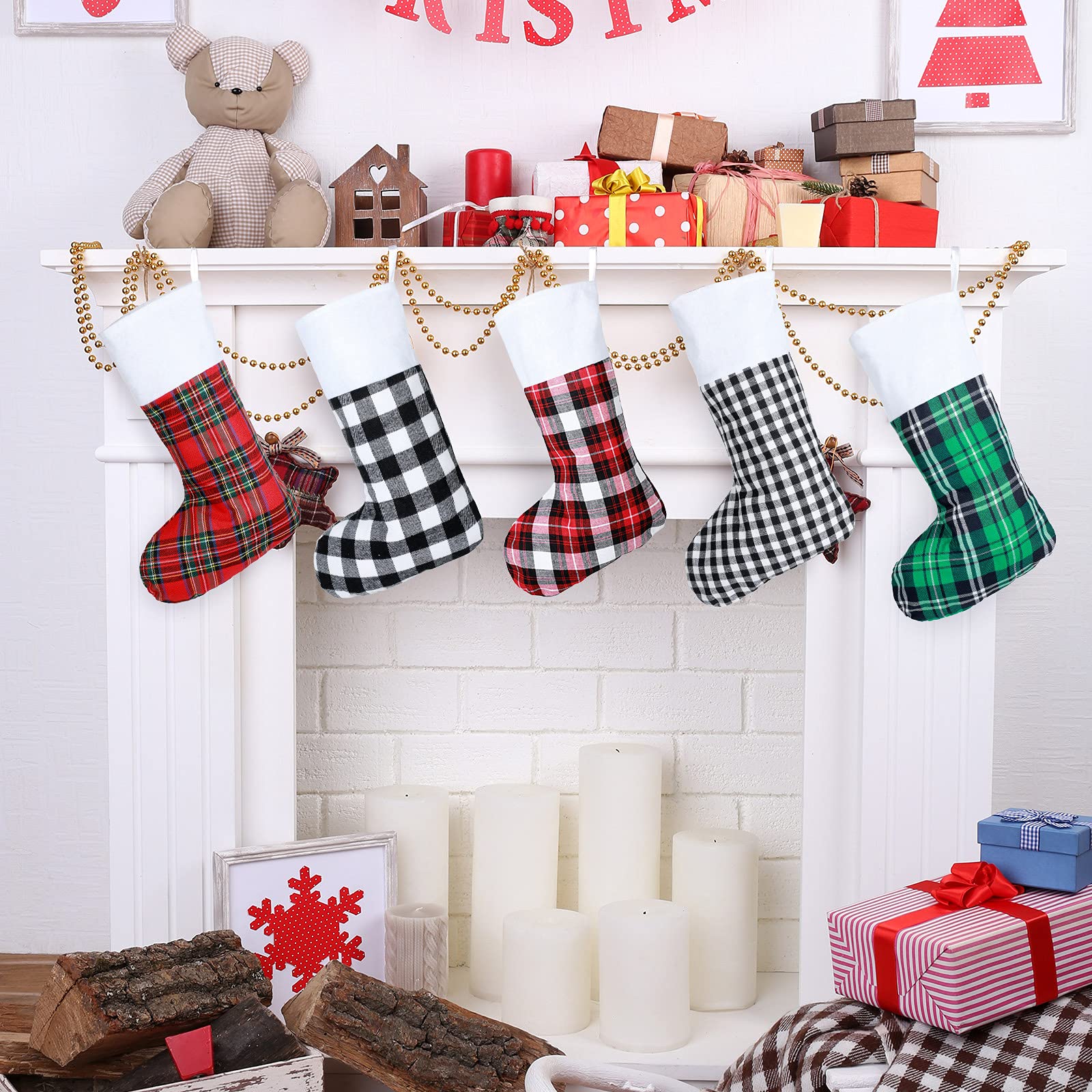 Tatuo 8 Pieces Buffalo Plaid Christmas Stockings Bulk Fireplace Hanging Stockings Xmas Indoor Outdoor Decorations for Family Party Christmas Tree(20 Inches)