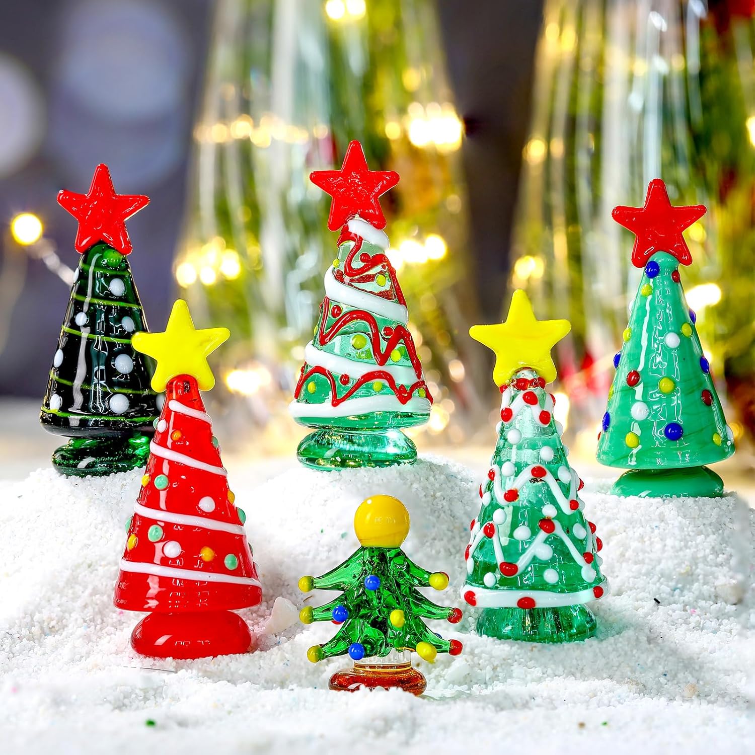 Skiennix Mini Christmas Tree Glass Ornaments Set - 6 Pcs Holiday Figurines for DIY Crafts | 2.36 Inch