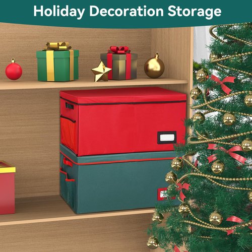 Peyulia Christmas Ornament Storage Box, Stackable Organizer with Lid and Pockets, Side Open, 8 Trays, 128-3" Holiday Ornament Container with Removable Trays and Adjustable Dividers, Red