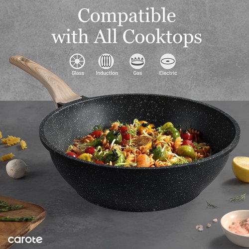 CAROTE Non Stick Wok with Lid 12''/5.3QT Woks & Stir-fry Pans Nonstick Granite Wok Pan Induction Cookware Deep Frying Pan, Compatible with All Stovetops