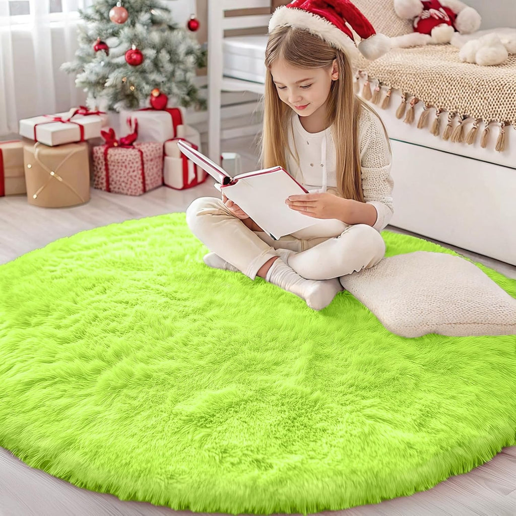 OLANLY Round Lime Green Area Rug - Soft, Fluffy, Machine Washable 4 ft Circle Carpet for Bedrooms & Nurseries