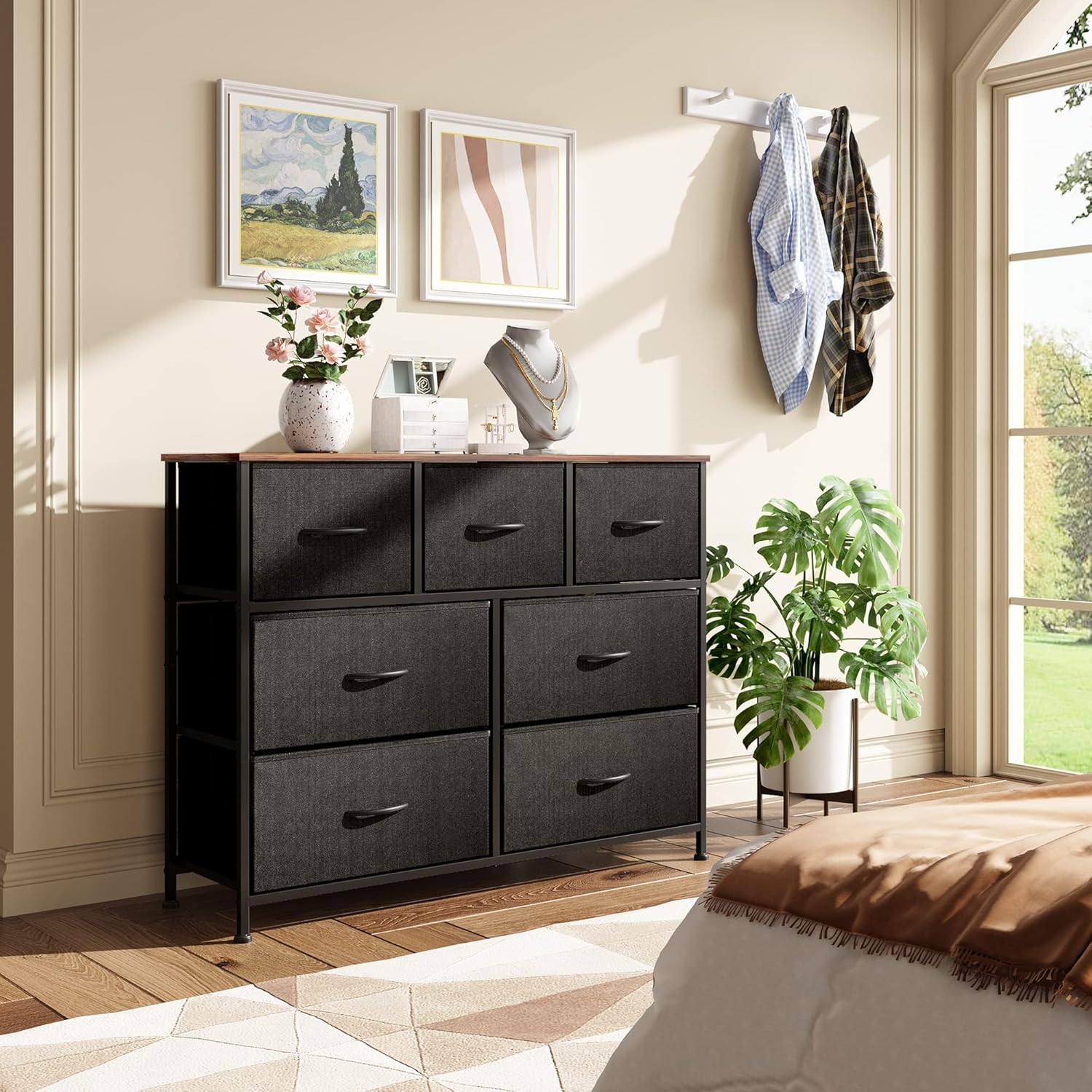 WLIVE 7 Drawer Dresser - Stylish TV Stand & Media Console for TVs Up to 45 Inches | Black & Rustic Brown