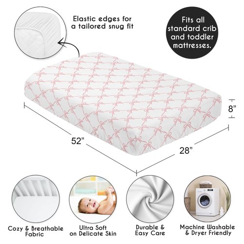 Sweet Jojo Designs Fitted Baby Crib Sheets (Pink Bows) for Girls, Infant Nursery, Toddler Bed Room - Standard Size Mattress (Blush and White Bow for The Ballerina Ballet Dancer Princess Collection)