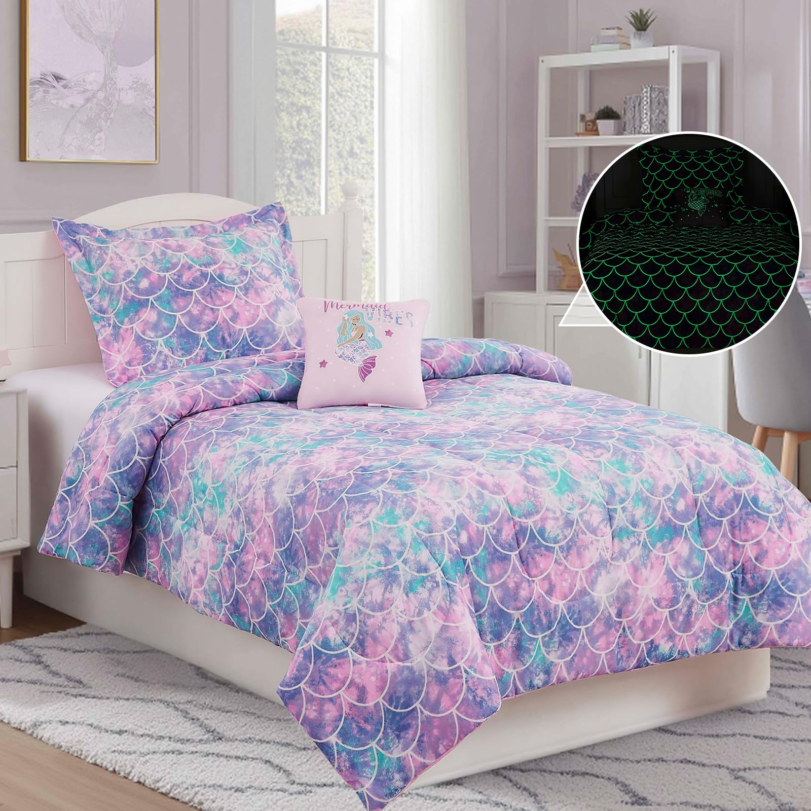 Wink Deer Twin Comforter Set for Girls-3 Pieces Mermaid Glow in the Dark Twin Bedding Sets for Kids,1 Comforter,1 Sham and 1 Decor Pillow