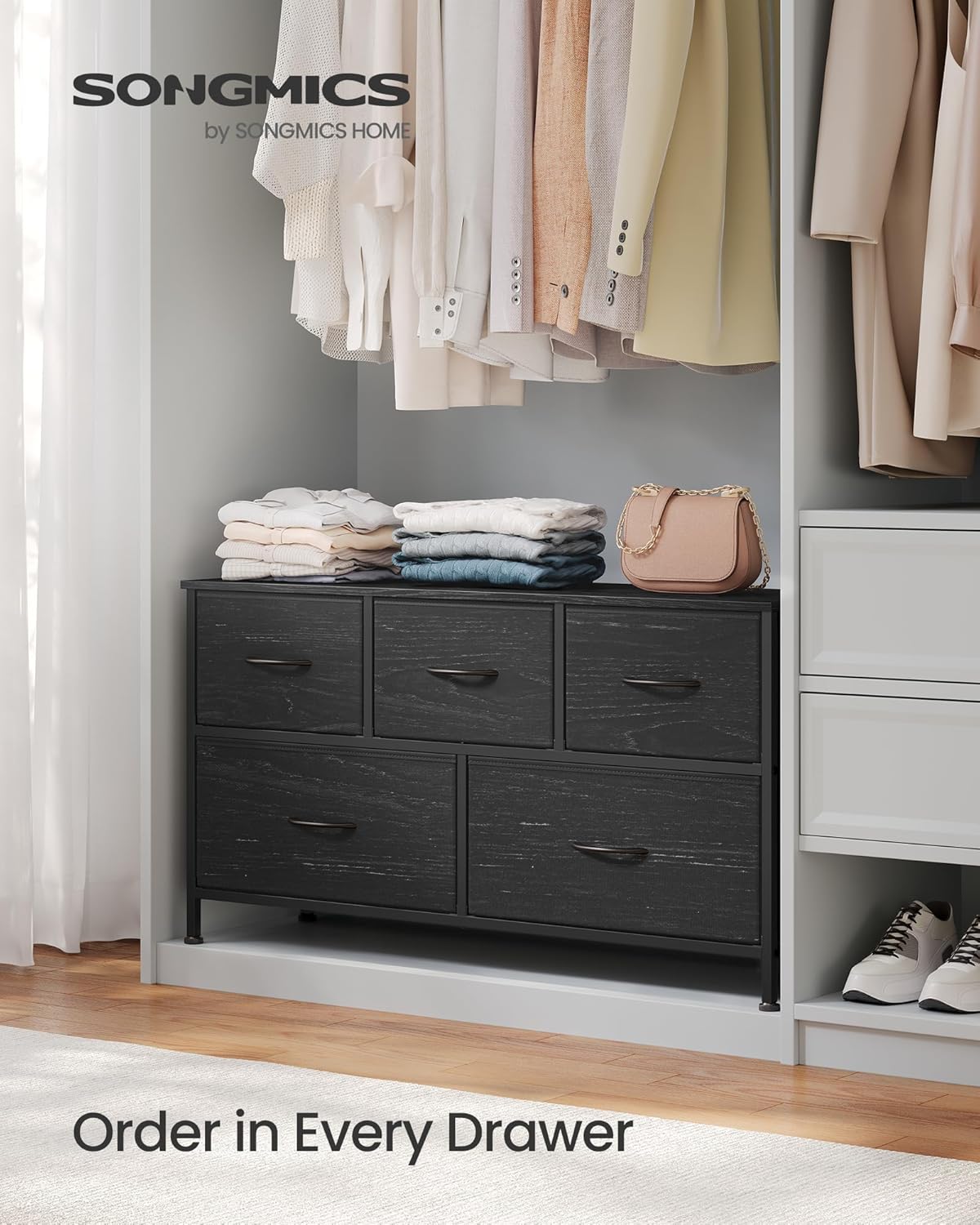 SONGMICS Dresser - Modern Chest of Drawers for Bedroom Storage | 5 Drawer Organizer in Ebony Black