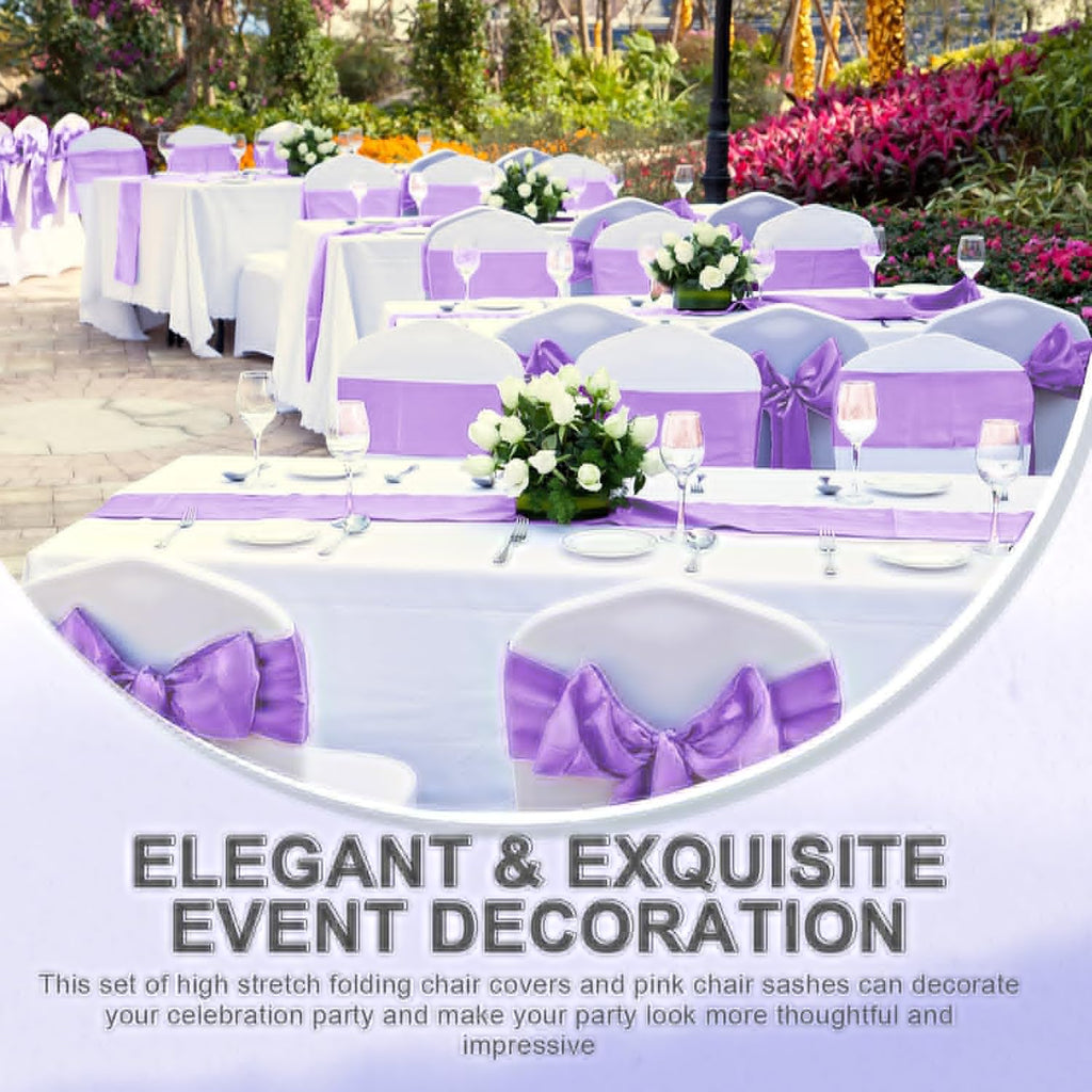 Lounsweer Folding Chair Cover Set - 50 Pcs with 25 Stretch Spandex Slipcovers & Satin Sashes | Wedding & Party Decor (White, Lavender)