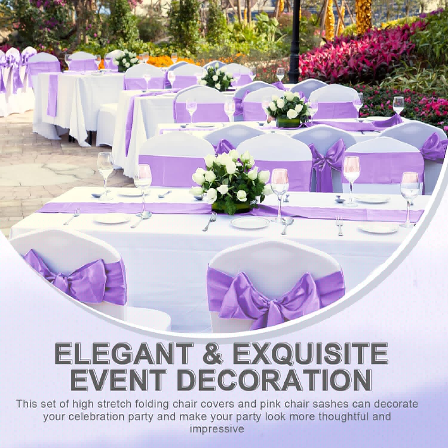 Lounsweer Folding Chair Cover Set - 50 Pcs with 25 Stretch Spandex Slipcovers & Satin Sashes | Wedding & Party Decor (White, Lavender)
